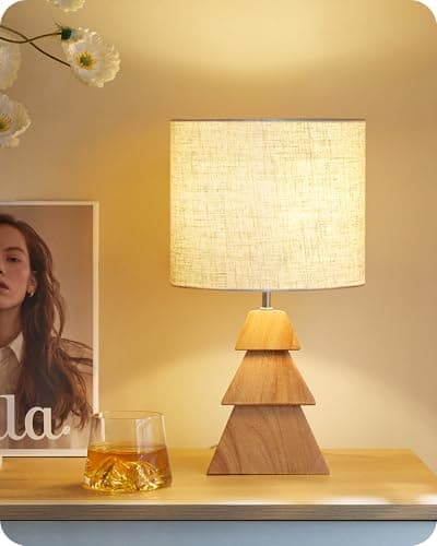 GOEBLESON Lámpara de Mesita de Noche de Madera Maciza con Base en Forma de Árbol, Pantalla de Lino, con Cable, Incluye una Bombilla LED 2700K, para Sala de Estar, Dormitorio, Beige y Natural