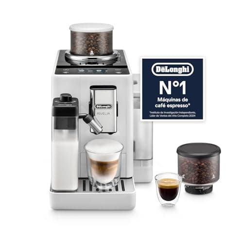 De’Longhi Rivelia – Cafetera Superautomática, LatteCrema Jarra de leche automática, 16 Bebidas One-Touch, Pantalla Táctil, Depósitos de Granos de Café Intercambiables, Blanco (EXAM440.55.W)