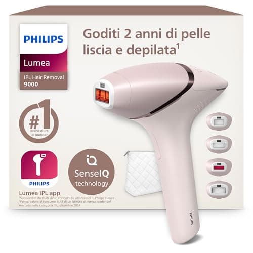 Philips Lumea 9000 Series, dispositivo di epilazione IPL, alternativa ai dispositivi di epilazione laser, SenseIQ, 4 accessori per viso, corpo, ascelle e zona bikini, con e senza filo, BRI957/00