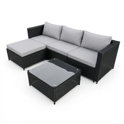COZYBRITE Garden Corner Sofa Rattan Furniture Set 4 Seater Patio Outdoor Lounge Settee with Glass Coffee Table All-weather SFS066 (Black Rattan+Grey Cushion)