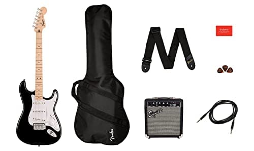 Squier by Fender Sonic Stratocaster Pacchetto Chitarra Elettrica, Nero, Tastiera in Acero, Gig Bag, Amplificatore Squier Frontman 10G 230V EU, Include Lezioni Virtuali Gratuite su Fender Play