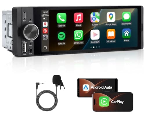 1 DIN Autoradio mit Wireless CarPlay & Android Auto, 6,36 Zoll Auto Radio mit Bildschirm, GPS Navigation, FM, Bluetooth, Freisprecheinrichtung, Aux-Eingang, Lenkradsteuerung, Equalizer, Mirror Link