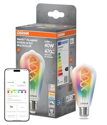 OSRAM Lámpara LED SMART+ Filamento Edison 40 E27, RGBW, compatible con Matter, conexión WiFi, control por app y voz, 4,8W, multicolor, regulable