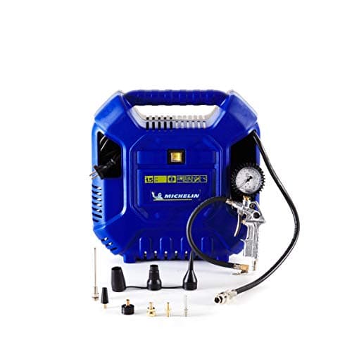 Michelin Compressore d'Aria Portatile MB1, Compressore Aria Oil-Free con Tubo Flessibile 1m, Pistola di Gonfiaggio con Manometro Certificata CE e 6 Ugelli, Pressione Massima 8 Bar, Potenza 1.5 CV