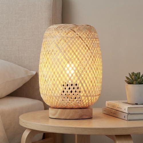 BARCELONA LED – Lampada da tavolo in vimini e legno “Ruka” – Design artigianale con paralume a griglia. Stile rustico, boho naturale. E27 – Lampada da tavolo ideale per soggiorno, camera da letto.