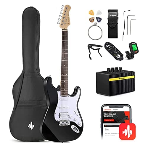 Donner Kit de Guitarra Eléctrica Stratocaster de Tamaño Completo con Amplificador, Bolsa, Capo, Correa, Cuerda, Sintonizador, Cable y Púas (Negro)