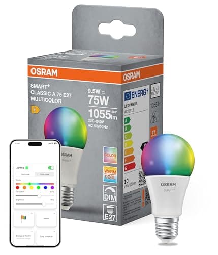 OSRAM Lampada LED SMART+ A75, forma lampadina E27 RGBW, multicolore, dimmerabile, Matter over WiFi, controllo tramite app e voce, 9,5 W, 16 milioni di colori