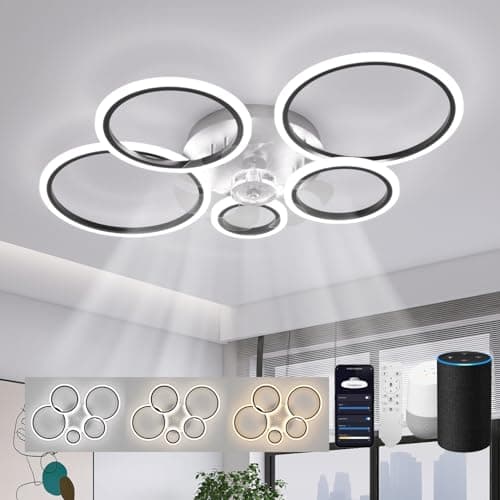 ycwdcz Plafoniera con Ventilatore da Soffitto Compatibile con Alexa, Google Assistant, Anelli Lampadario Led con Ventilatore da Soffitto, Dimmerabile, Motore DC, Ventola Soffitto con Luce