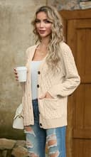 GRECERELLE Cárdigan de punto clásico para mujer, cuello en V, tira de botones, elegante, informal, otoño e invierno, suéter con botones y bolsillos, beige, L - 3