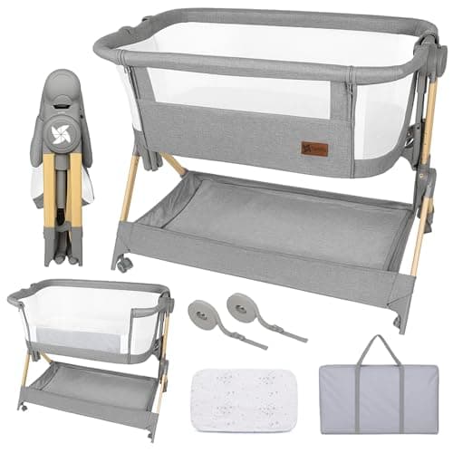 Twinly Comfortly - Cuna Colecho Bebé y Moisés 2 en 1 con Ruedas | Minicuna de Viaje Plegable, Sin Montaje, Altura Ajustable y Función Antireflujo | Incluye Colchón, Sábana Algodón y Bolsa (Wood)