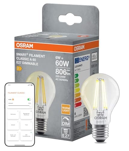Osram SMART+ LED-Lampe, A60, 6W, 2700K, E27, Kolbenform, Filament, klar, dimmbar, steuerbar mit App oder Sprachassistent, Matter kompatibel