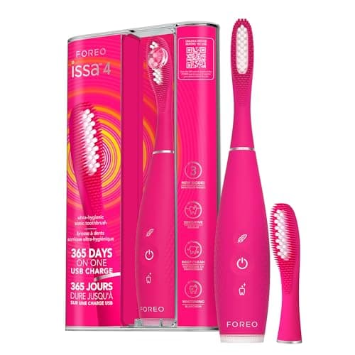 FOREO ISSA 4 cepillo de dientes eléctrico sónico recargable 4 en 1 con USB, cabezal extra, silicona suave, blanqueador dental, impermeable, ideal para viaje, limpieza profunda - Fuchsia