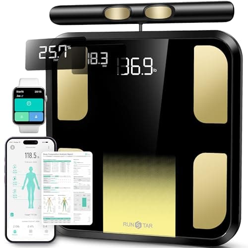 RunSTAR Körperfettwaage, Personenwaage digital mit 8 Elektroden für Körpergewicht und Körperfett, BMI, Muskelmasse und Analyse von 28 Körpermaße App-Nutzung, 3-Metrik-Anzeige, 180kg