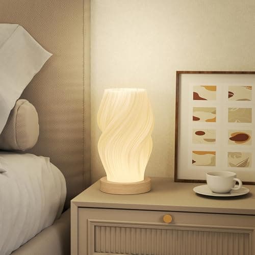 HOMCOM Lampada da Tavolo dal Design Ondulato a 3 Colori con 10 Luminosità, Lampada da Lettura in ABS e Legno di Caucciù, Ø12x20 cm, Bianco e color Legno