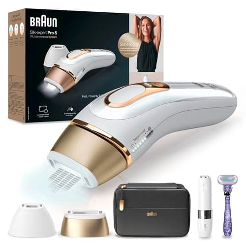 Braun Silk-expert Pro 5 Depiladora Mujer/Hombre Luz Pulsada IPL, Cabezal de Precisión Ancho y Maquinilla de Afeitar Venus, Alternativa a la Depilación Láser en Casa, PL 5149, Blanca/Dorada