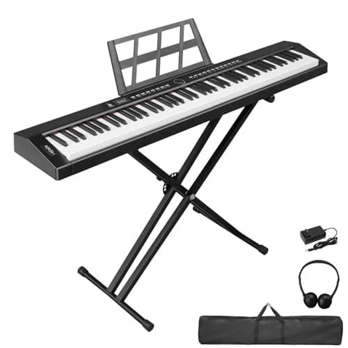 LEADZM Pianoforte Digitale Semi-Pesato a 88 Tasti, Tastiera Full Size, Tastiera Elettronica con Supporto a Forma di X a Doppio Tubo, Bluetooth MIDI, Leggio, Pedale Sustain, Cuffie (Nero, + Supporto)