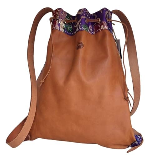 MELONI Borsa Zaino in Pelle Artigianale con Broccato Sardo, Sacca Tradizionale Sa Tasca, Cuoio Naturale, Chiusura a Coulisse