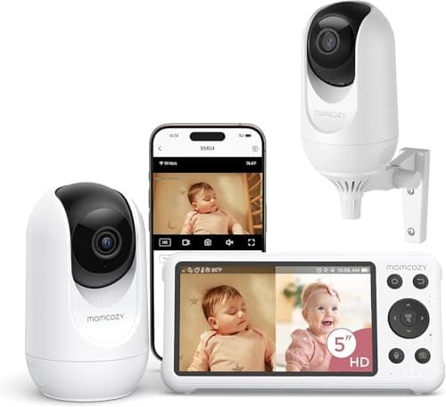 momcozy BM04 Baby Monitor con 2 Telecamere WiFi, 1080P FHD 5 Pollici, Batteria 5000mAh, Controllo via App e Monitor, Zoom 4X, Audio Bidirezionale, Visione Notturna, Zona di Sicurezza
