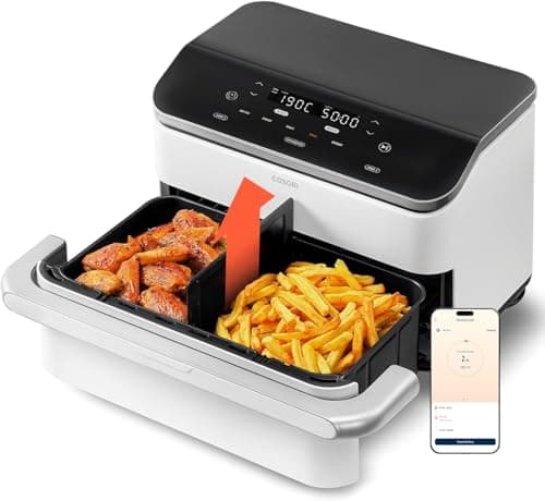 COSORI Friggitrice ad Aria 10 Litri, 7 in 1 Dual Blaze TwinFry con Doppio Cestello 5L & 5L e Separatore Rimovibile, 2800W Air Fryer WiFi con Doppia Resistenza, 35-240℃, 70 Ricette Online, Bianco