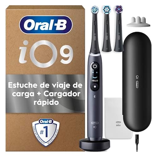 Oral-B iO 9 Cepillo De Dientes Eléctrico Negro, 3 Cabezales, 1 Estuche Cargador De Viaje, 7 Modos De Cepillado Con Blanqueamiento Dental, Sensor De Presión, Diseñado Por Braun