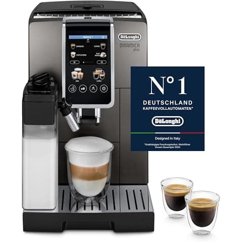 De'Longhi Dinamica Plus ECAM380.95.TB Fully Automatic Coffee Machine with LatteCrema Milk System, One-Touch Cappuccino, with 24 Recipes, 3.5 Inch TFT Colour Display, 1450 W, Titanium/Black