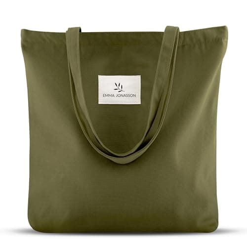 Emma Jonasson Women's Large Shopper Bag with Zip - Jute Bag with Inner Pocket - Esthetic Tote Bag Women - Bags Women's Large Fabric Bag for Shopping Work University School, Green Small, M