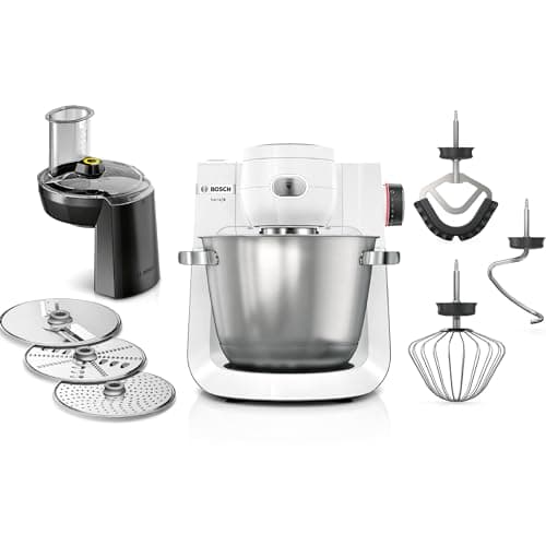 Bosch MUMS6EW13D Series 6 Food Processor, 7 Speed Levels, 5.5 L Bowl, Continuous Shredder, 3 Slices, Dough Hook, Whisk, Silicone Whisk, Dishwasher Safe, 1,600 W, Silver/White