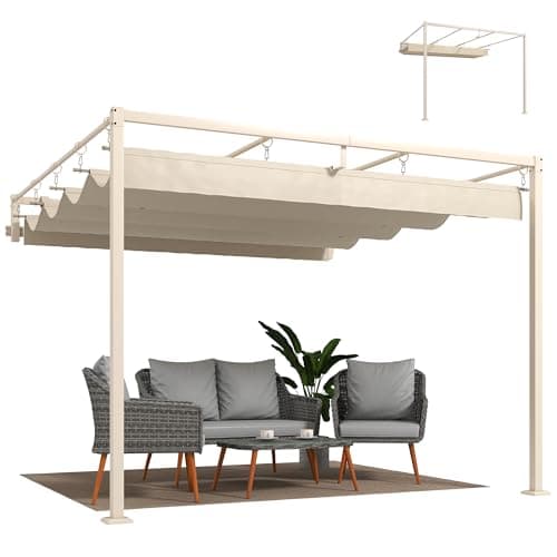 Outsunny Gazebo Pergola Addossata 3x3 m con Tetto Retrattile Scorrevole, Fori di Drenaggio, Pergolato da Giardino in Poliestere e Acciaio, per Patio, Terrazzo, Esterno, UV30+, Beige
