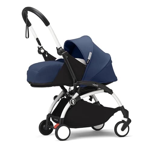 Stokke YOYO3 Stroller with Newborn Pack (Air France Blue) - Includes Frame (White), Mattress, Five-Point Harness, Extendable Canopy, Padded Shoulder Strap & Protective Storage Bag