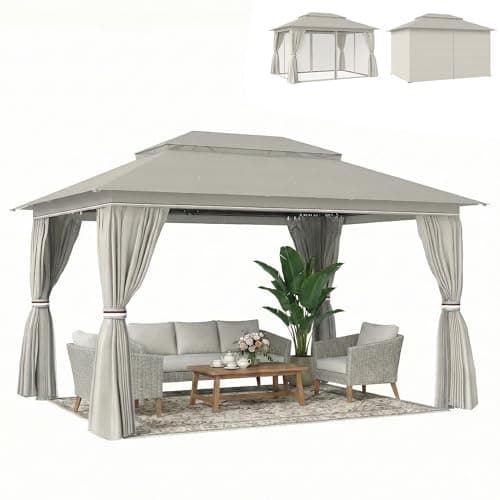 Outsunny 3 x 4 m Outdoor Garden Gazebo with Netting and Curtains, UPF50+ Double Roof Patio Gazebo Permanent Pavilion Canopy Shelter with Metal Frame, Drainage Holes, Beige