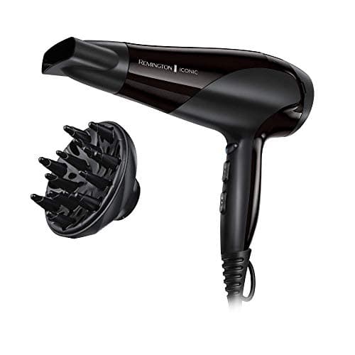 Remington Secador de Pelo Ionic Dry 2200, Iónico, Cabello Sin Encrespamiento, 2200 W, Concentrador y Difusor, 3 Temperaturas, 2 Velocidades, Rejilla Trasera Desmontable, Gancho Para Colgar, D3198