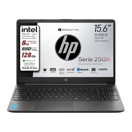 HP 250, Pc portatile notebook, Intel® N150, fino a 3.60 GHz 4Core, Ram 8Gb 3200MHz, SSD 128Gb, Display 15.6" HD Antiriflesso, Win 11 Pro, Lan Rj45 1 Gbit, Type-c, pronto All'uso, Garanzia Italia