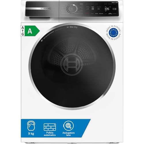 Bosch WRB247C0IT Serie 8 Asciugatrice smart a pompa di calore, 9 kg, Classe energetica A, Condensatore autopulente, Sensori di asciugatura intelligenti, Riduce le pieghe, Bianco, 60 Cm