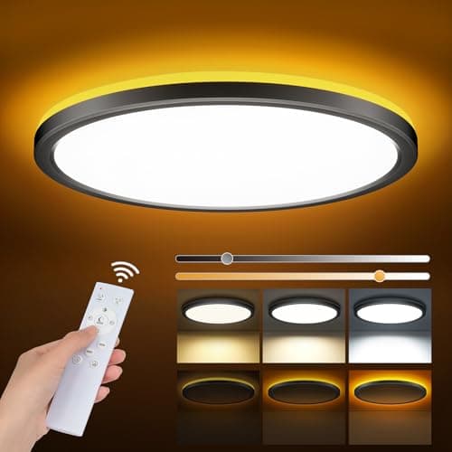 Plafon LED Techo Regulable 24W, Lámpara de Techo con Mando, Luz Nocturna Regulable 1800K, Lampara LED Techo Modernos 3000K-6500K Adecuado para Dormitorios Habitaciones Infantiles, Salones, Ø30, Negro