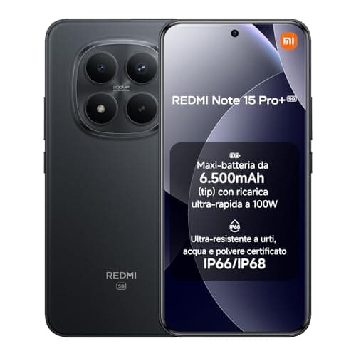 XIAOMI Redmi Note 15 Pro+ 5G, Smartphone 12+512GB, Batteria massiccia da 6500 mAh, IP66/IP68, Nuova fotocamera 200 MP, Display AMOLED da 6,83", Nero, Garanzia 2 anni, Caricatore non incluso