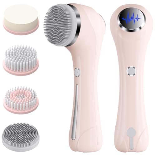 Rkdely Spazzola Pulizia Viso, 3-In-1 Massaggiatore Viso con EMS e riscaldamento, Spazzola Viso Elettrica con 4 Testine Intercambiabili per Pulizia Profonda, Per Detergere In Profondità (Rosa)