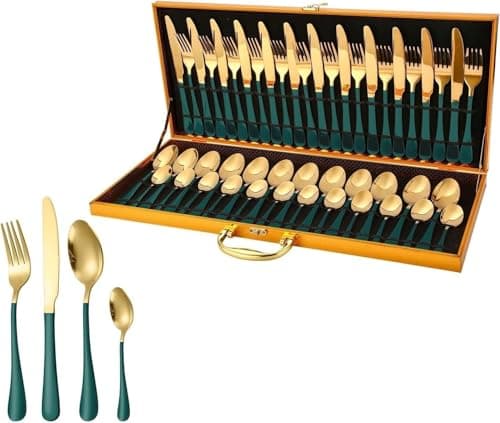48-Piece Stainless Steel Silverware Set in Wooden Box for 12 People - Cutlery Set with Steak Knives, Forks, and Spoons
