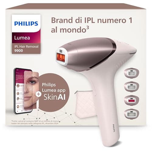 Philips Lumea Series 9900, dispositivo di epilazione IPL con tecnologie SenseIQ e SkinAI, 4 accessori per viso, corpo, ascelle e zona bikini, con filo e senza filo, modello BRI951/00