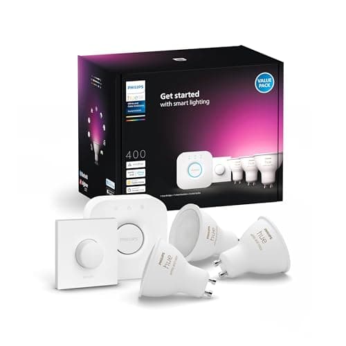 Philips Hue White and Color Ambiance Starter Kit, 3 Faretti Smart, con Bluetooth, Dimmerabili, Attacco GU10, 1 Bridge Hue Controllo Completo del Sistema e 1 Telecomando Hue Smart Button, Bianco