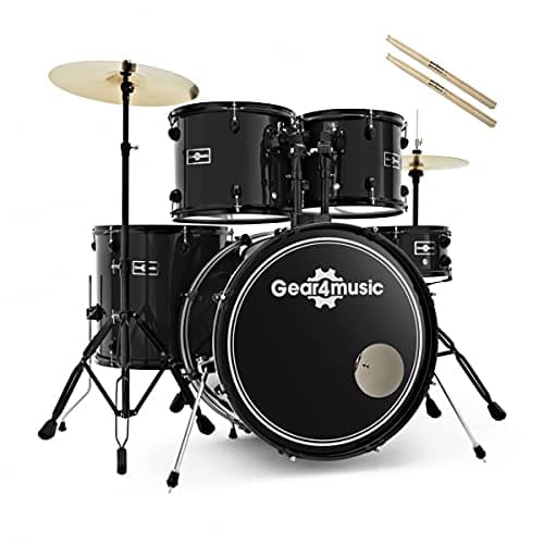 Gear4music BDK-1 Kit de Batería Compacta Completa para Principiantes - Batería Acústica de 5 Piezas, Platillos, Pedal de Bombo, Sillín y Baquetas - Negro