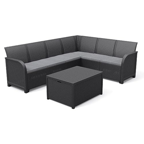 Allibert by KETER SanRemo Storage 6-Seater Corner Sofa in Woven Rattan Animation with Coffee Table and Cushion Storage - Graphite Grey