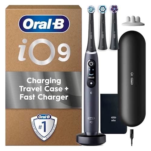 Oral-B iO9 Electric Toothbrush for Adults, Black, App Connected Handle, 7 Cleaning Modes, Includes 3 Brush Heads, Charging Travel Case and Head Holder, Long-Lasting Battery for Home Travel, 2 Pin Plug