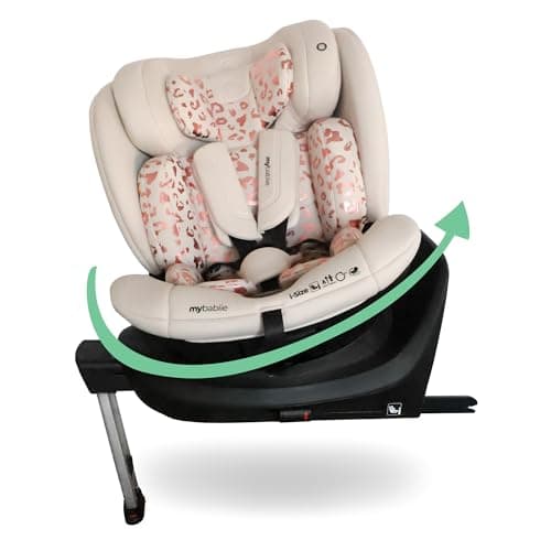 My Babiie MBCS400 360° Spin R129 Baby Car Seat – Support Leg, ISOFIX, Birth to 12yrs (40-150cm), i-Size, ERF, Group 0+/1/2/3, Rotating 360 Swivel - Pink Leopard