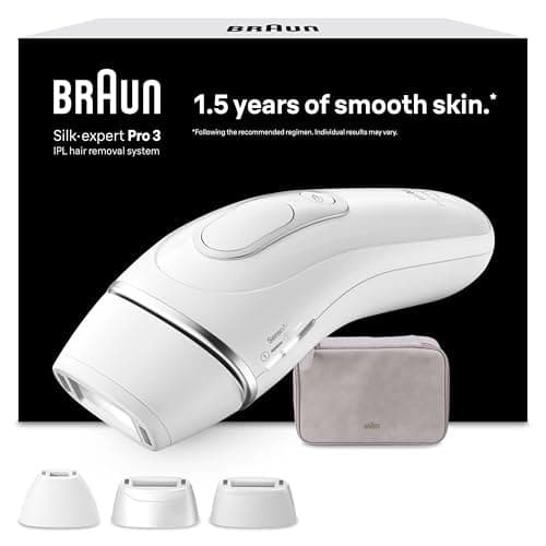 Braun Luz Pulsada Silk-expert Pro 3, Alternativa a Depiladora Laser, Eliminación Del Vello En Casa, Depiladora IPL Con Funda y 3 Cabezales Para Cara y Cuerpo, Blanca/Plateada, PL3230