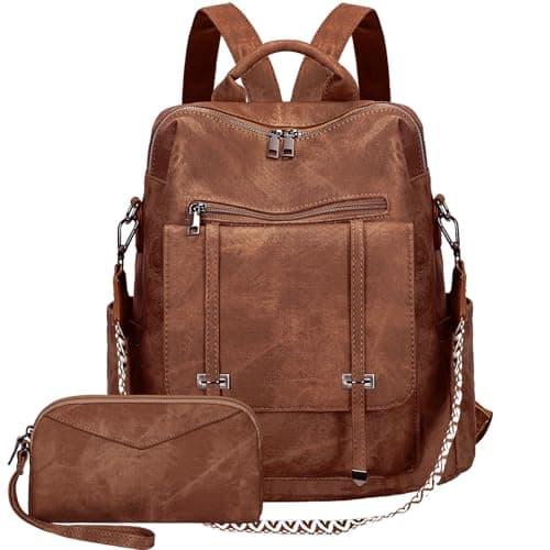 Leathario Mochila Mujer de Cuero PU con Multibolsillos, Mochila Casual y Funcional para Uso Diario, Viajes, Escuela y Universidad Marrón Oscuro Profundo