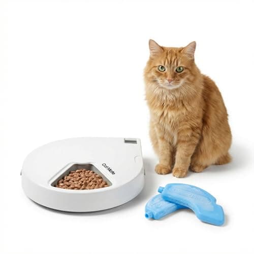 Cat Mate Futterautomat C500 (weiß, mit Kühlakkus, 4-Tage-Zeituhr, festgelegte Intervalle, bis zu fünf Futterportionen, Katzenfütterung, automatischer Futterautomat, Katzen Zubehör) 80889