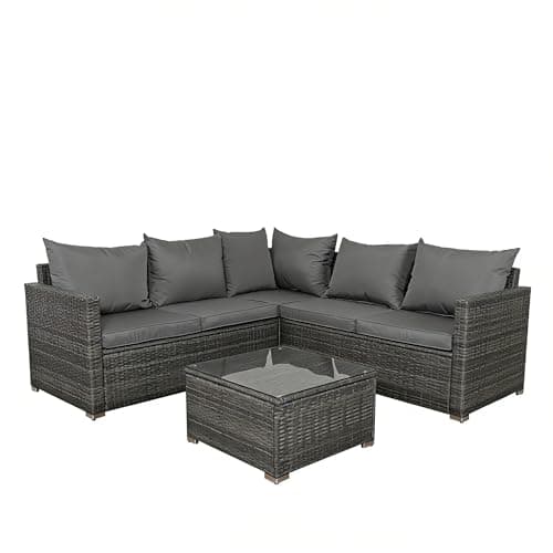 Panana 5 Seater Rattan Garden Furniture Corner Sofa Set with Coffee Table, Outdoor Patio Lounge Set with Cushions & Free Cover for Garden, Conservatory, Terrace (Mixed Grey Rattan with Grey Cushions)