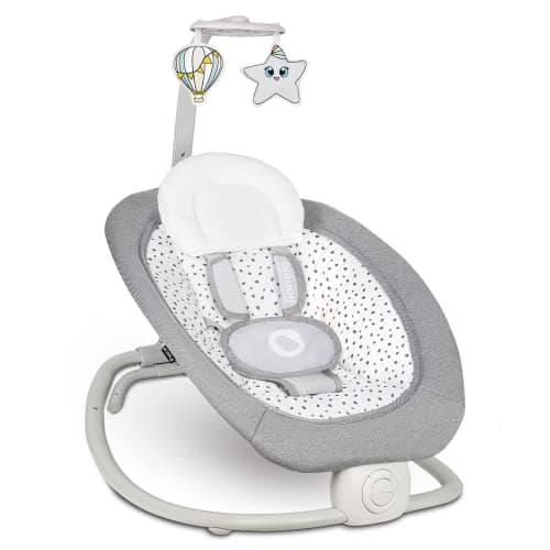 LIONELO Pascal baby bouncer delicadas vibraciones 12 melodías incorporadas con control de volumen ajuste del respaldo barra de juguetes interactivos plegable a tamaño compacto (Grey Dove)