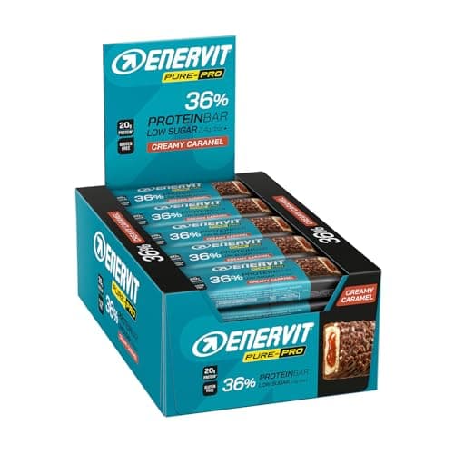 Enervit Pure-Pro Protein Bar 36% Caramel, Barretta Proteica con Ripieno Morbido al Caramello, 20g Proteine, Crescita della Massa Muscolare, Post Workout, Low Sugar, Senza Glutine, 25 Barrette da 55g