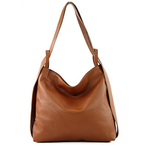 modamoda de - T192 - Italian 2-in-1 Leather Backpack Bag for Women - Cognac, size: l